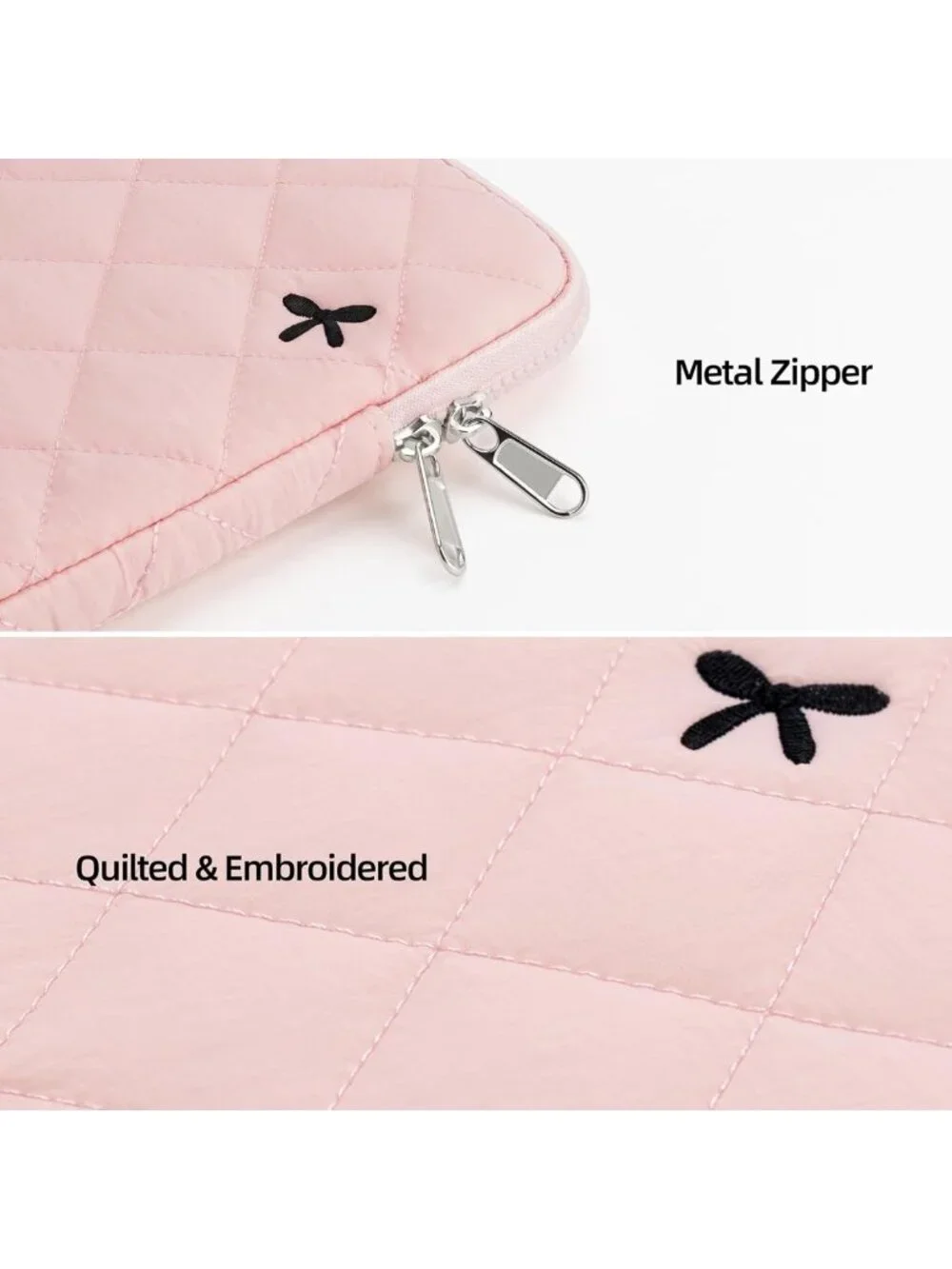 Quilted Pink Laptop Sleeve 13-14 Inch, Bow Embroidery & Pouch, Stylish